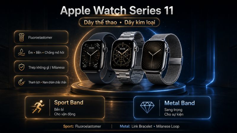 Apple Watch Series 11 ho tro day the thao va day kim loai cho nhieu phong cach deo Apple Watch Series 11 ho tro day the thao va day kim loai cho nhieu phong cach deo