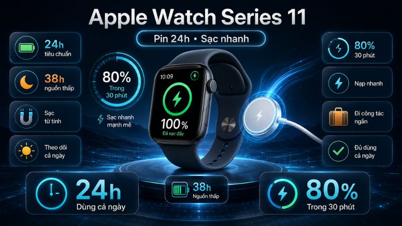 Apple Watch Series 11 co pin 24 gio va sac nhanh 80 phan tram trong 30 phut Apple Watch Series 11 co pin 24 gio va sac nhanh 80 phan tram trong 30 phut