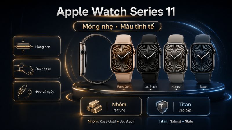 Apple Watch Series 11 thiet ke mong nhe voi cac phien ban nhom va titan Apple Watch Series 11 thiet ke mong nhe voi cac phien ban nhom va titan