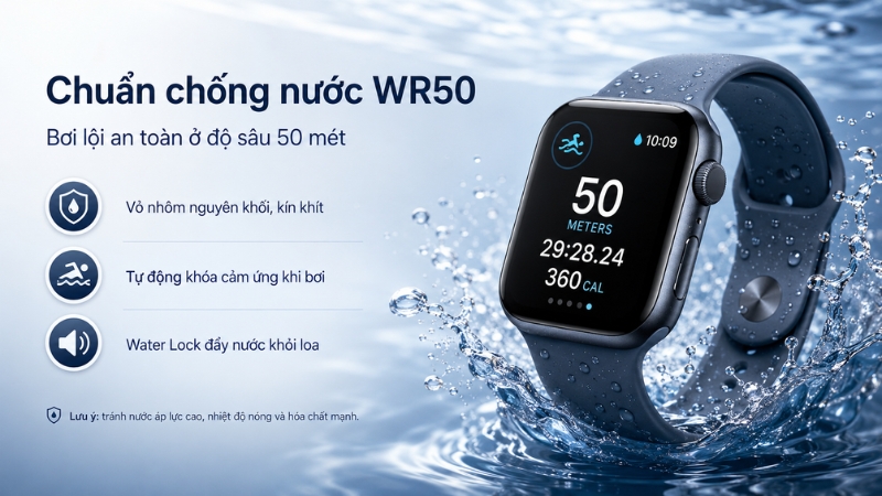 Chuẩn chống nước WR50 giúp bơi lội an toàn với Apple Watch SE 3