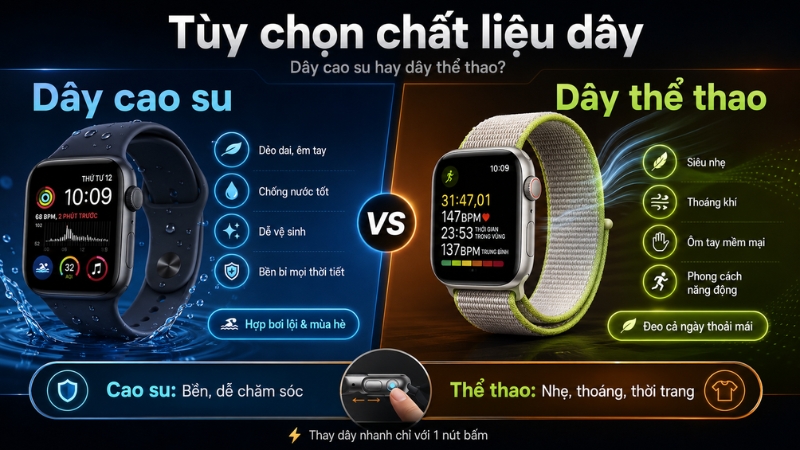 Hai phiên bản dây cao su và dây vải thể thao cho Apple Watch SE 3