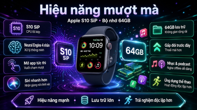 Hiệu năng mạnh mẽ với chip Apple S10 SiP và bộ nhớ trong 64GB trên Apple Watch SE 3