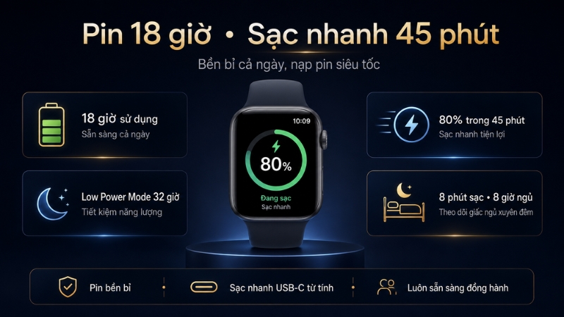 Thời lượng pin bền bỉ và công nghệ sạc nhanh trên Apple Watch SE 3