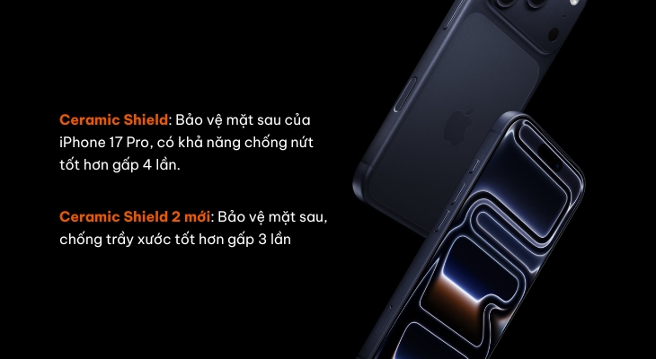 iPhong 17 Pro được trang bị Ceramic Shield bảo vệ cả màn hình và mặt lưng