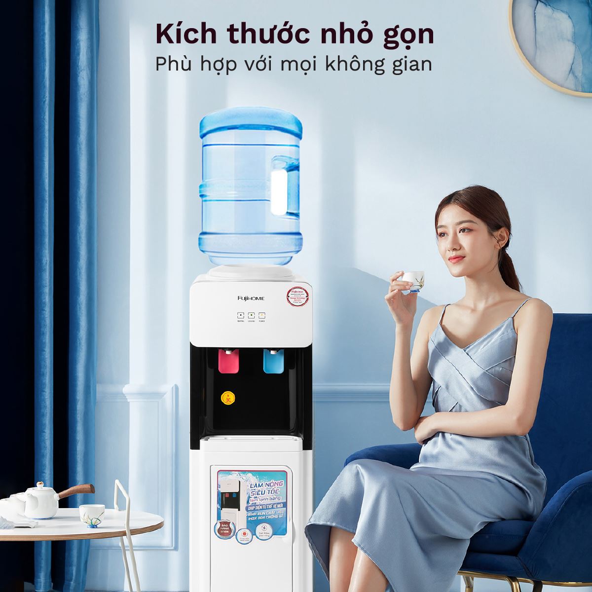 Cây nước nóng lạnh FUJIHOME WD2002E 565W có thiết kế tinh tế, nhỏ gọn, phù hợp nhiều không gian