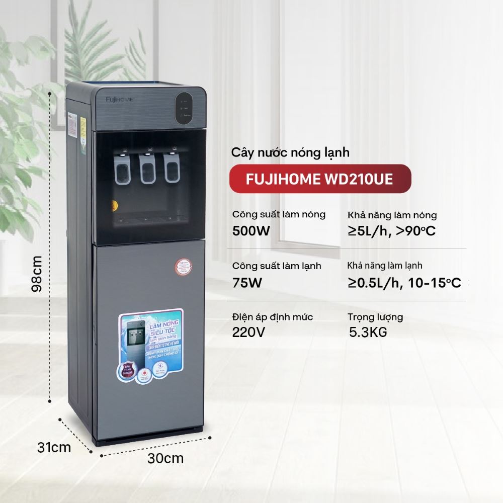 Cây nước nóng lạnh FUJIHOME WD210UE 575W có dung tích lớn, đáp ứng đa dạng nhu cầu sử dụng