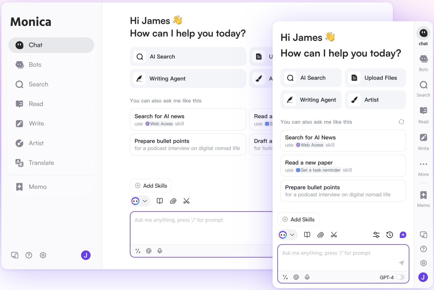Monica kết hợp sức mạnh nhiều mô hình AI hàng đầu như GPT-4 và Claude, linh hoạt cho từng tác vụ