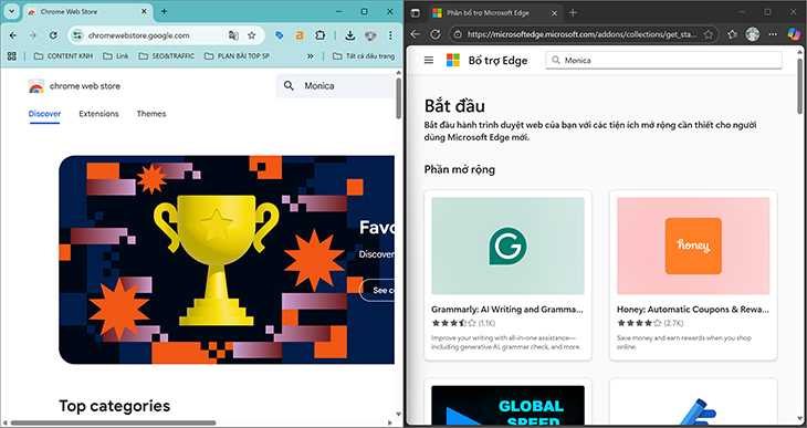 Cách cài đặt tiện ích mở rộng trên Chrome và Edge: Vào tiện ích mở rộng > Tìm từ khóa Monica