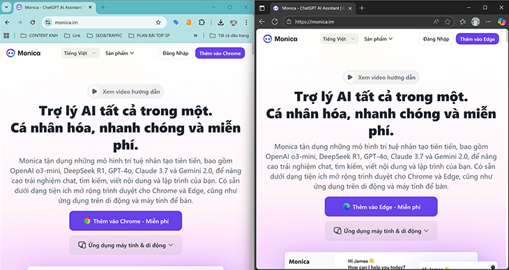 Cách cài đặt tiện ích mở rộng trên Chrome và Edge - Bước 1: Vào trang chủ của Monica AI > Nhấn Thêm vào Chrome hoặc Thêm vào Edge