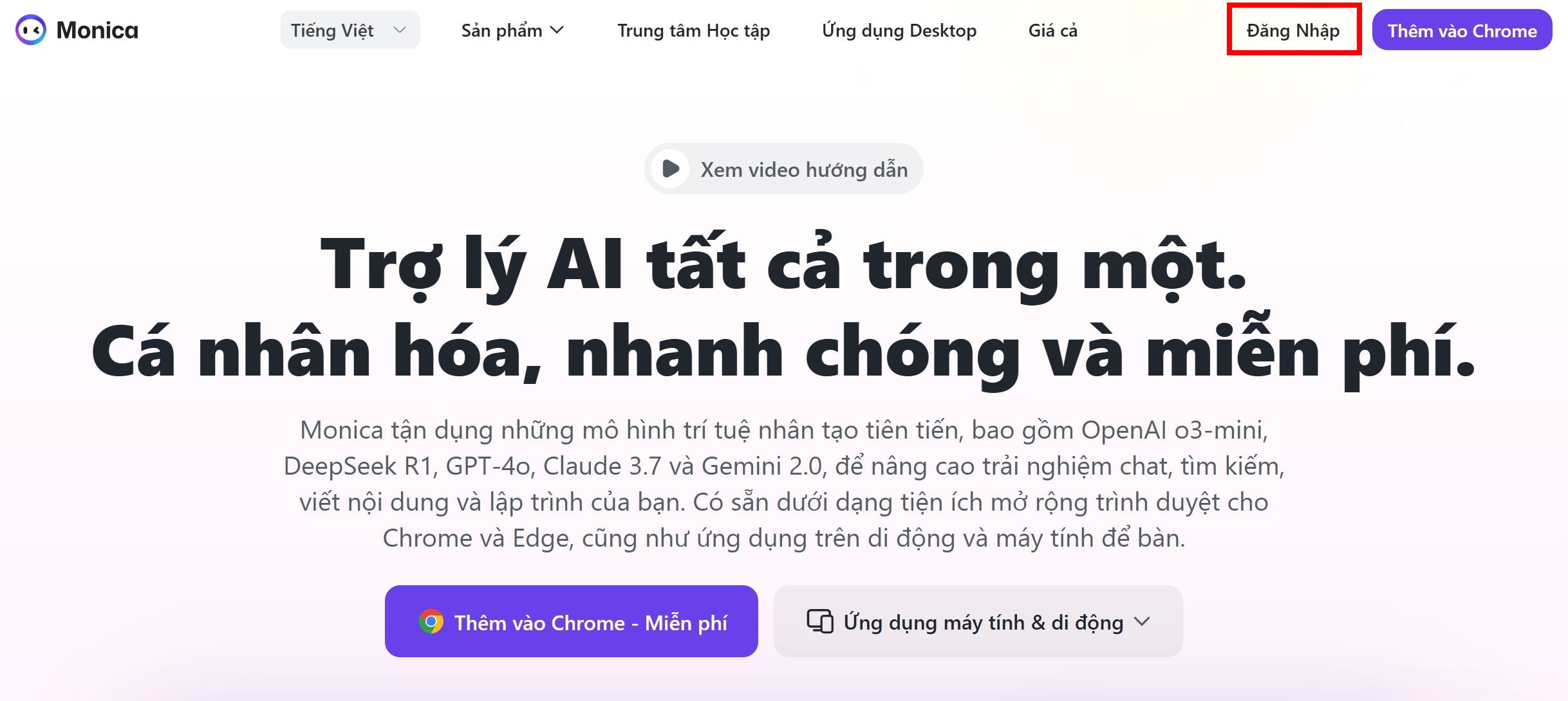 Cách đăng nhập Monica AI trên laptop: Mở trình duyệt > Truy cập trang chủ Monica AI > Nhấp Đăng nhập trên giao diện