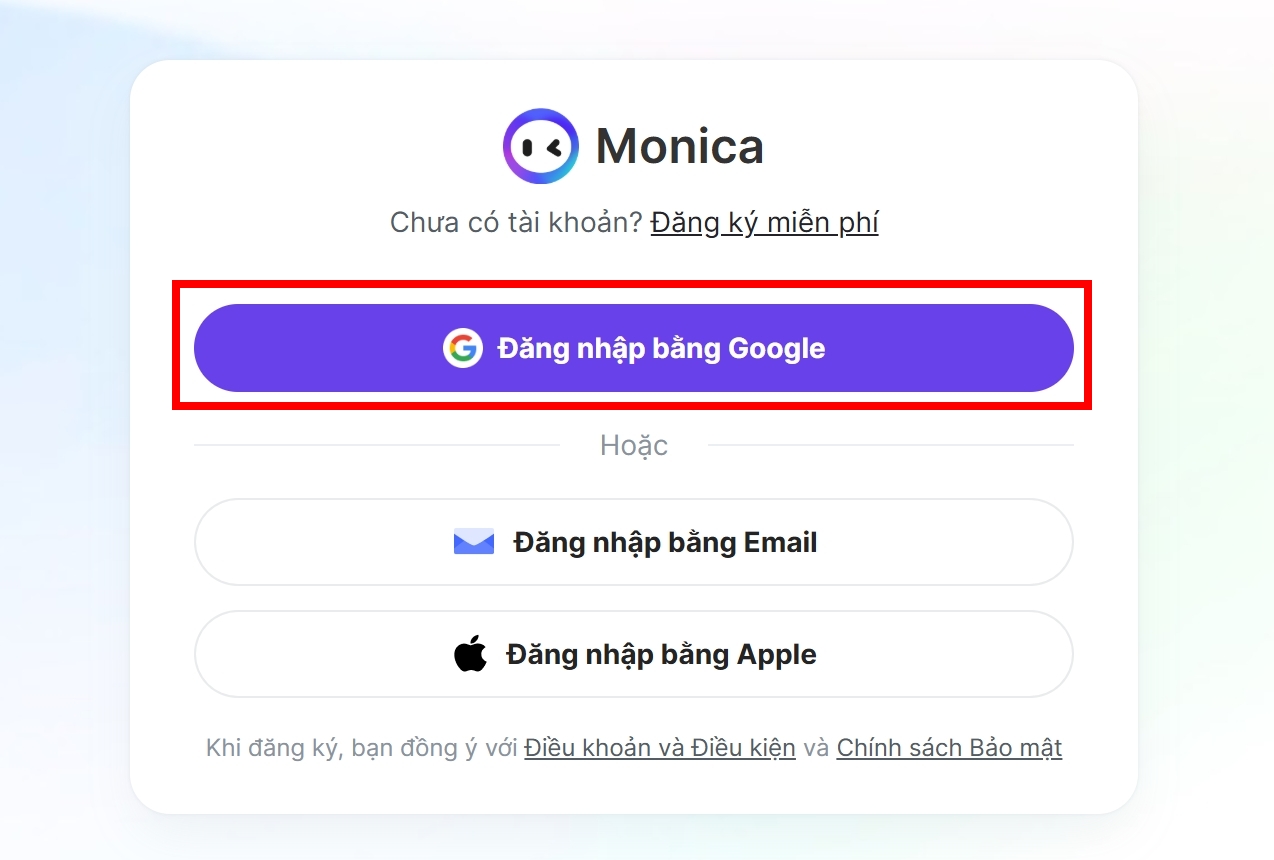Cách đăng nhập Monica AI trên laptop: Chọn đăng nhập bằng Google, Email hoặc Apple