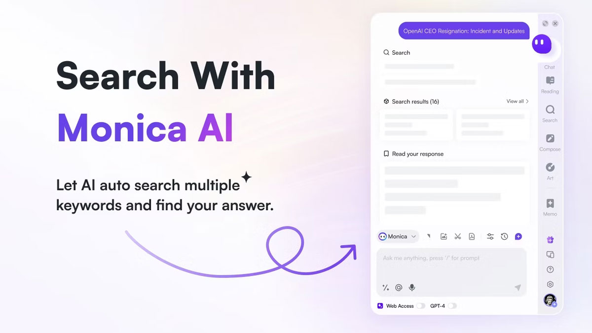 Monica ứng dụng AI, hiểu ngôn ngữ tự nhiên, dịch đa ngôn ngữ và tóm tắt nội dung nhanh chóng