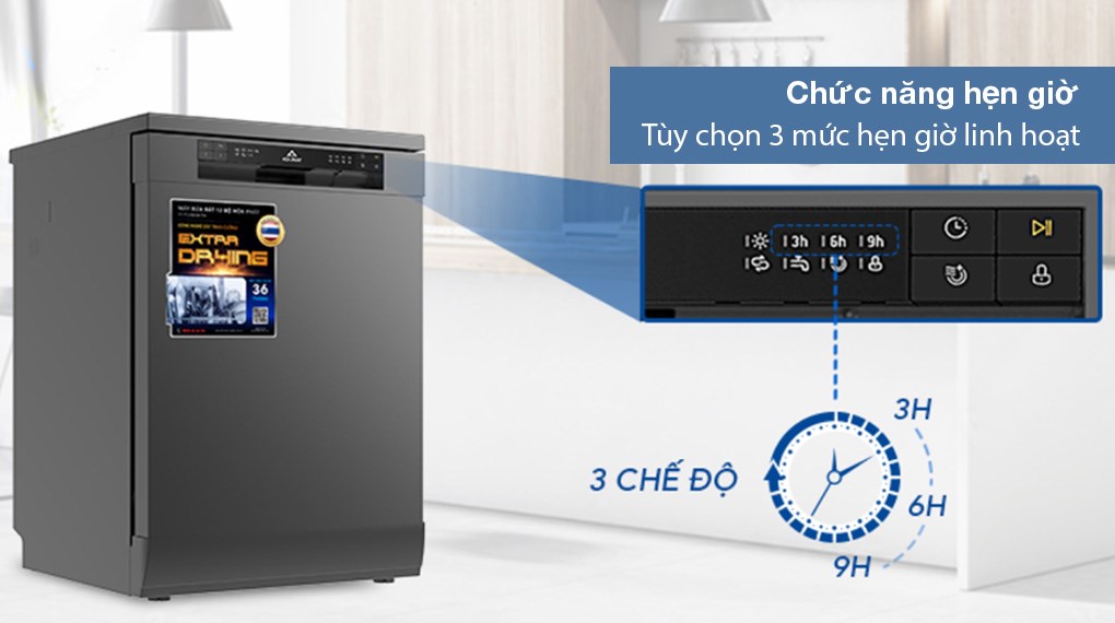 Máy rửa chén độc lập Hòa Phát HD F1206EBB TM có tiện ích hẹn giờ tiện lợi