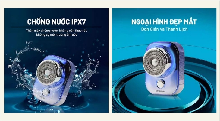 Máy cạo râu khô và ướt Hyundai PHT-046-BU đạt chuẩn chống nước IPX7, cho phép bạn rửa trực tiếp máy dưới vòi nước sau khi sử dụng