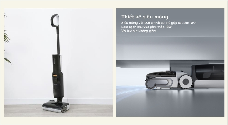 Máy hút bụi cầm tay Roborock F25 với thiết kế ngả phẳng 180° cho phép vệ sinh linh hoạt các khu vực gầm thấp