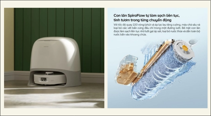 SpiraFlow sử dụng một hệ thống con lăn liên tục tự giặt sạch chính nó ngay trong quá trình đang di chuyển và lau sàn