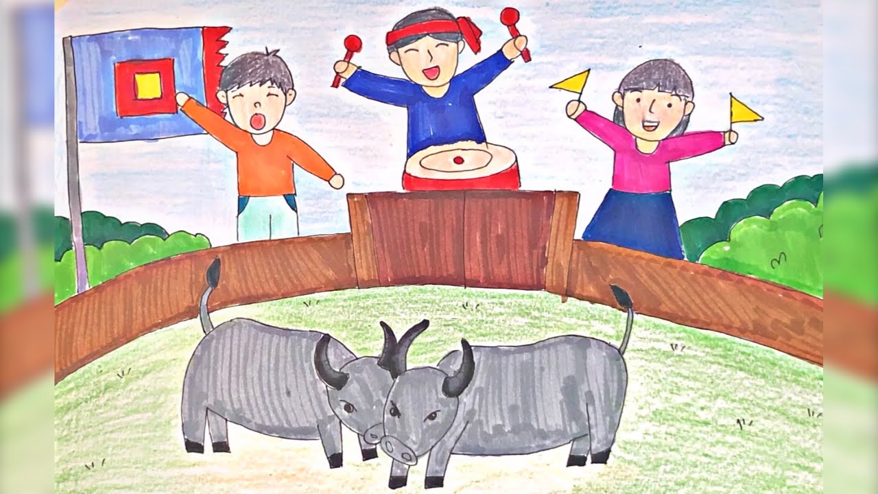 Tranh lễ hội chọi trâu quê em