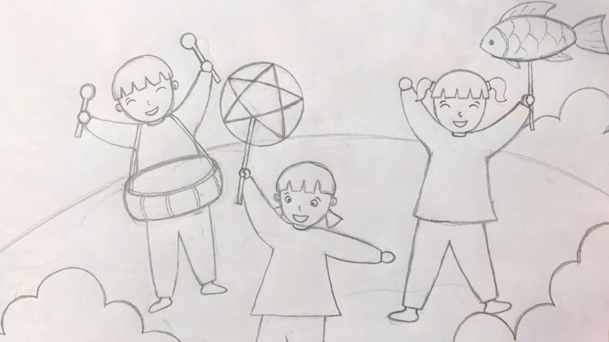 Bước 4: Vẽ chi tiết nhân vật và hoạt động lễ hội