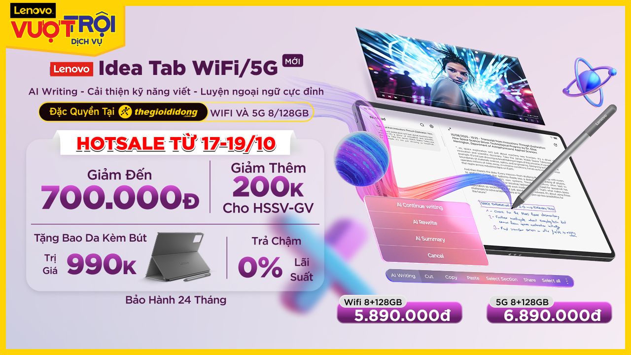 Hotsale cuối tuần, ưu đãi đặc quyền tại TGDĐ: Lenovo Idea Tab WiFi | 5G giá chỉ từ 6.09 triệu