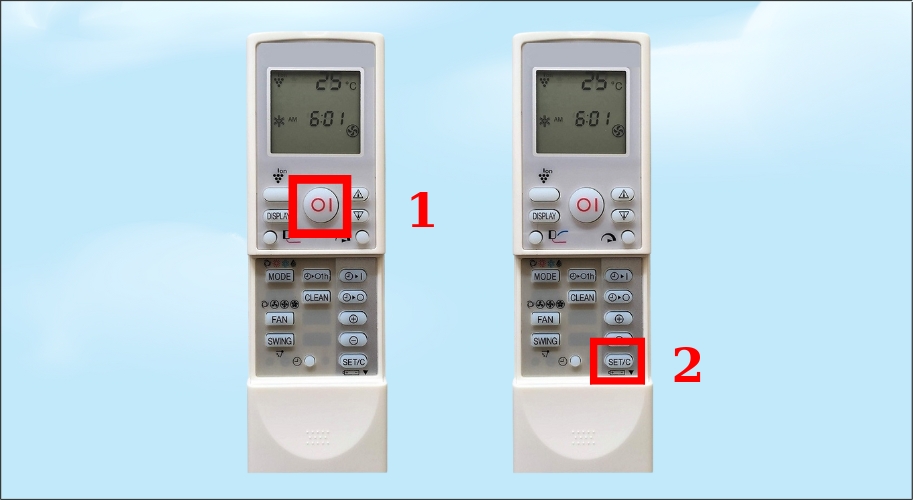 Nhấn nút ON/OFF trên điều khiển, sau đó nhấn và giữ nút SET trong khoảng 3 đến 5 giây