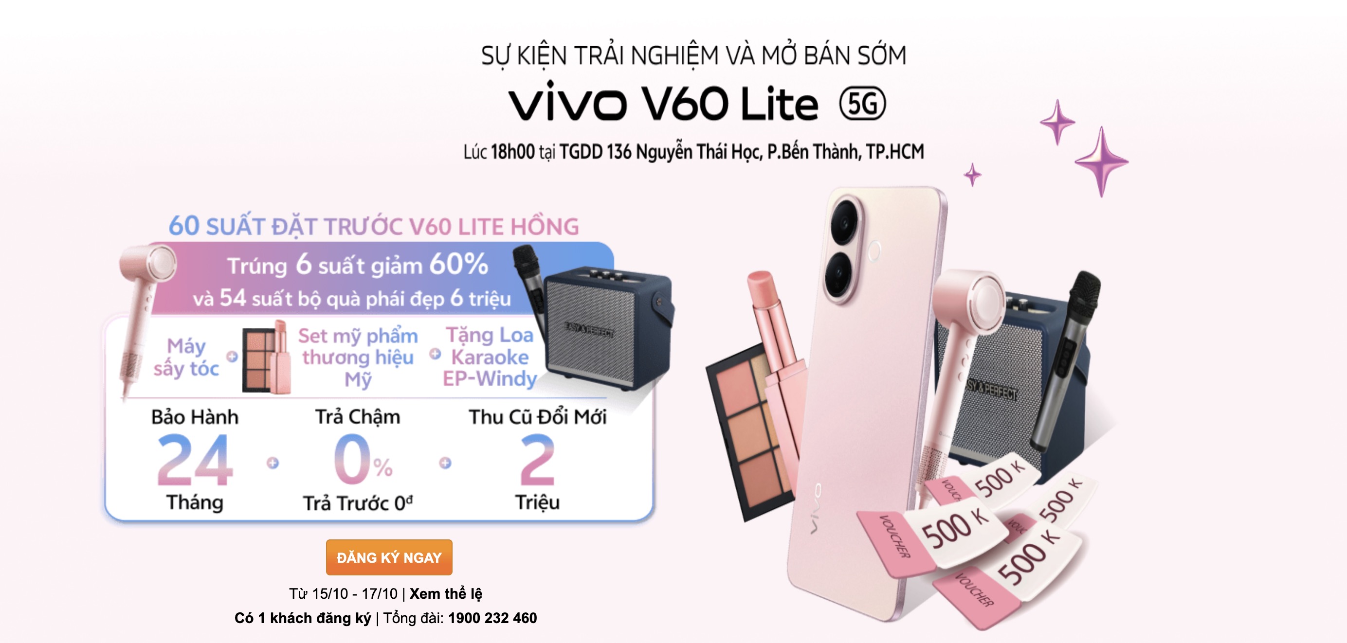 Đăng ký nhận thông tin vivo V60 Lite Hồng, trúng 6 suất giảm 60% và 54 suất bộ quà phái đẹp