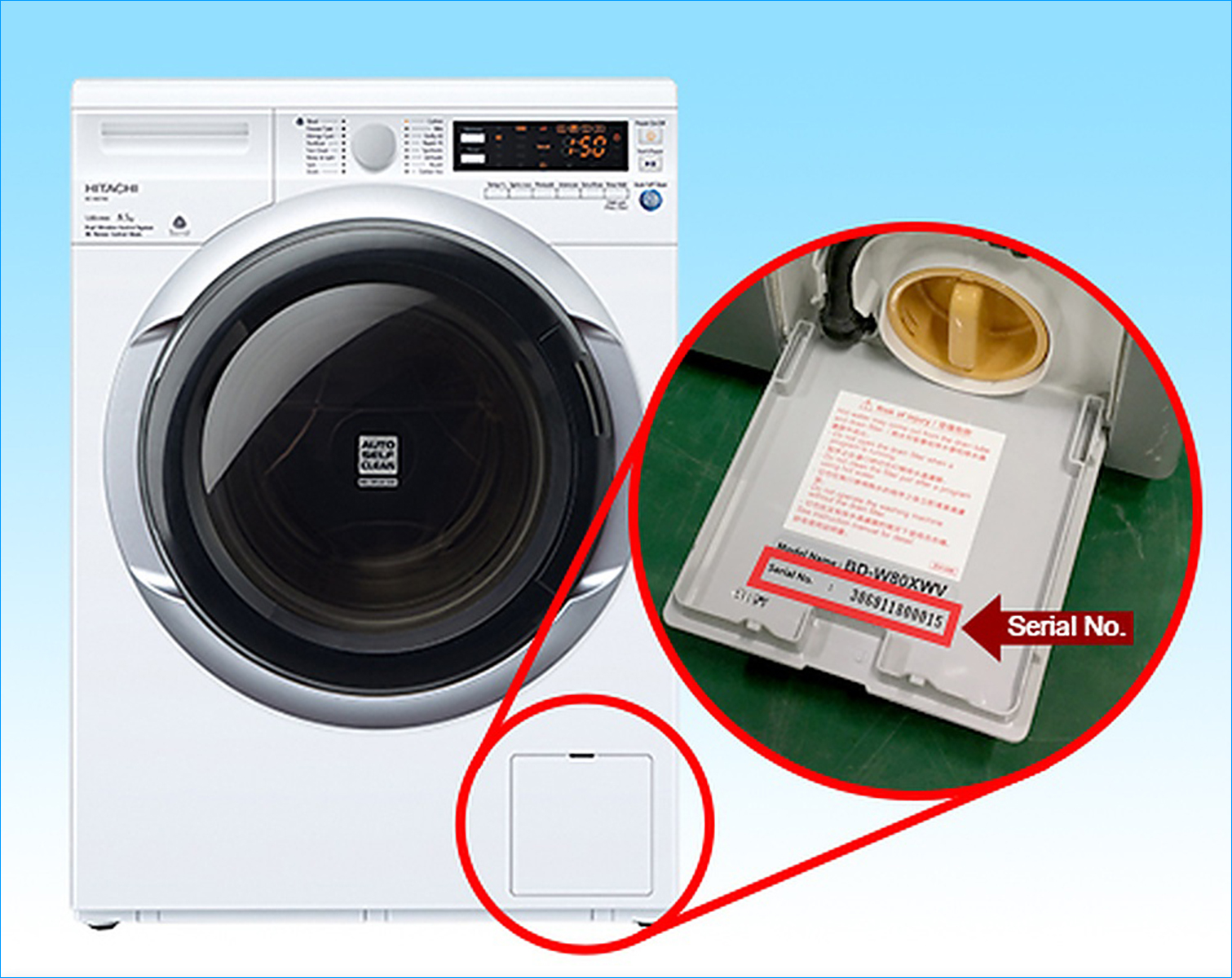 Bạn có thể tìm thấy Model và Số sê-ri trên tem dán ở mặt sau hoặc bên hông máy giặt