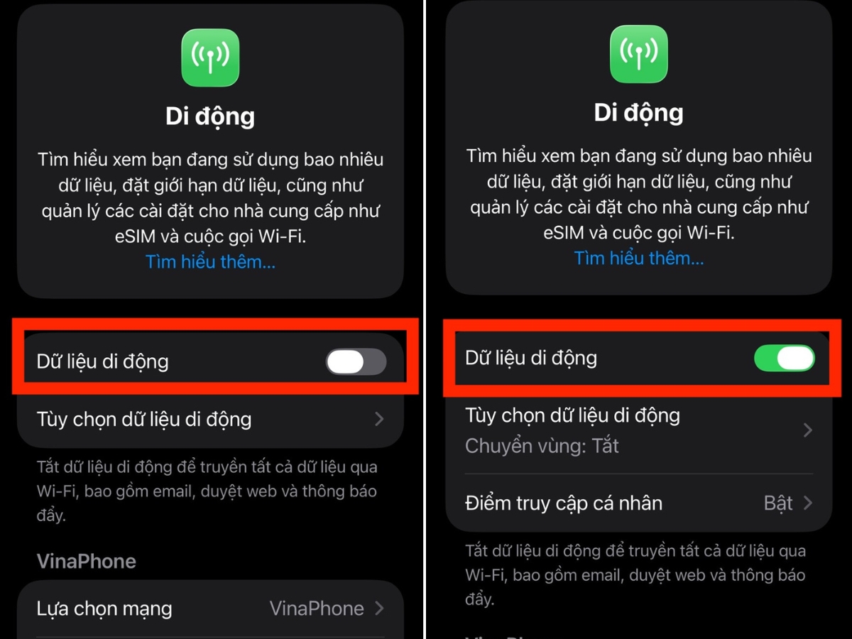 Bật Dữ liệu di động Bật Dữ liệu di động