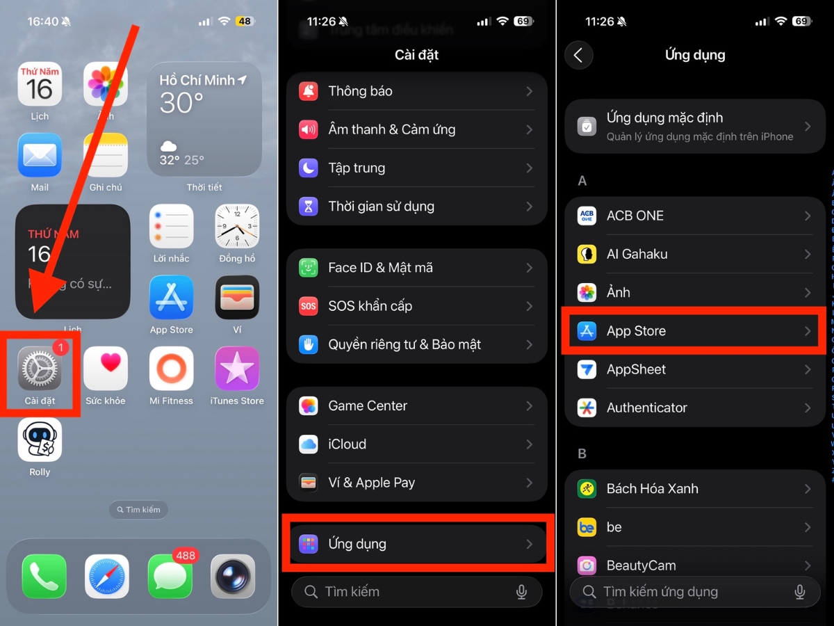 Cài đặt > Ứng dụng > App Store Cài đặt > Ứng dụng > App Store