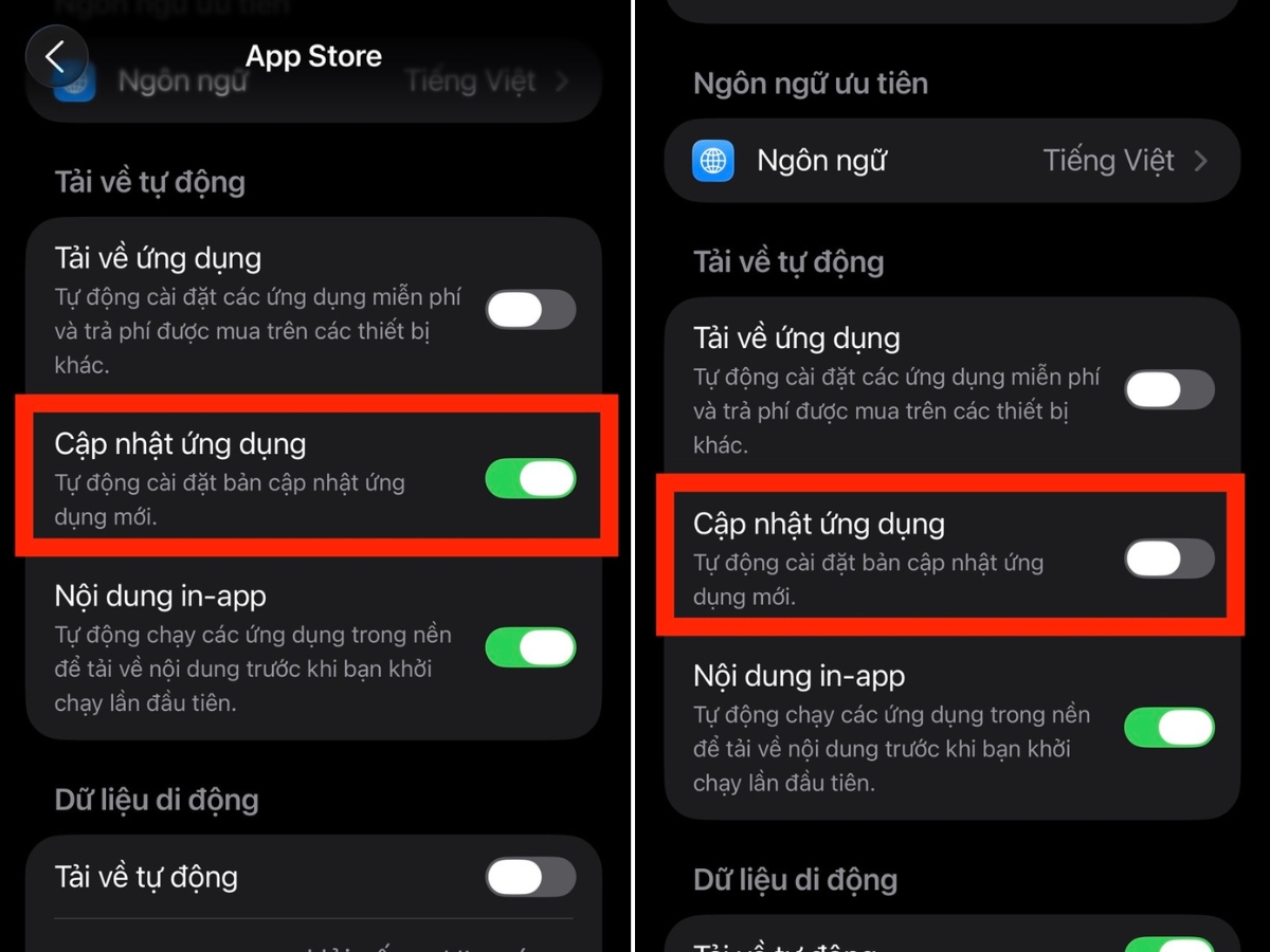 Tắt mục Cập nhật ứng dụng Tắt mục Cập nhật ứng dụng