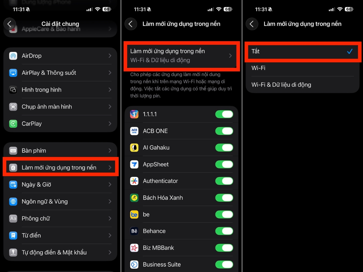 Tắt Làm mới ứng dụng trong nền Tắt Làm mới ứng dụng trong nền