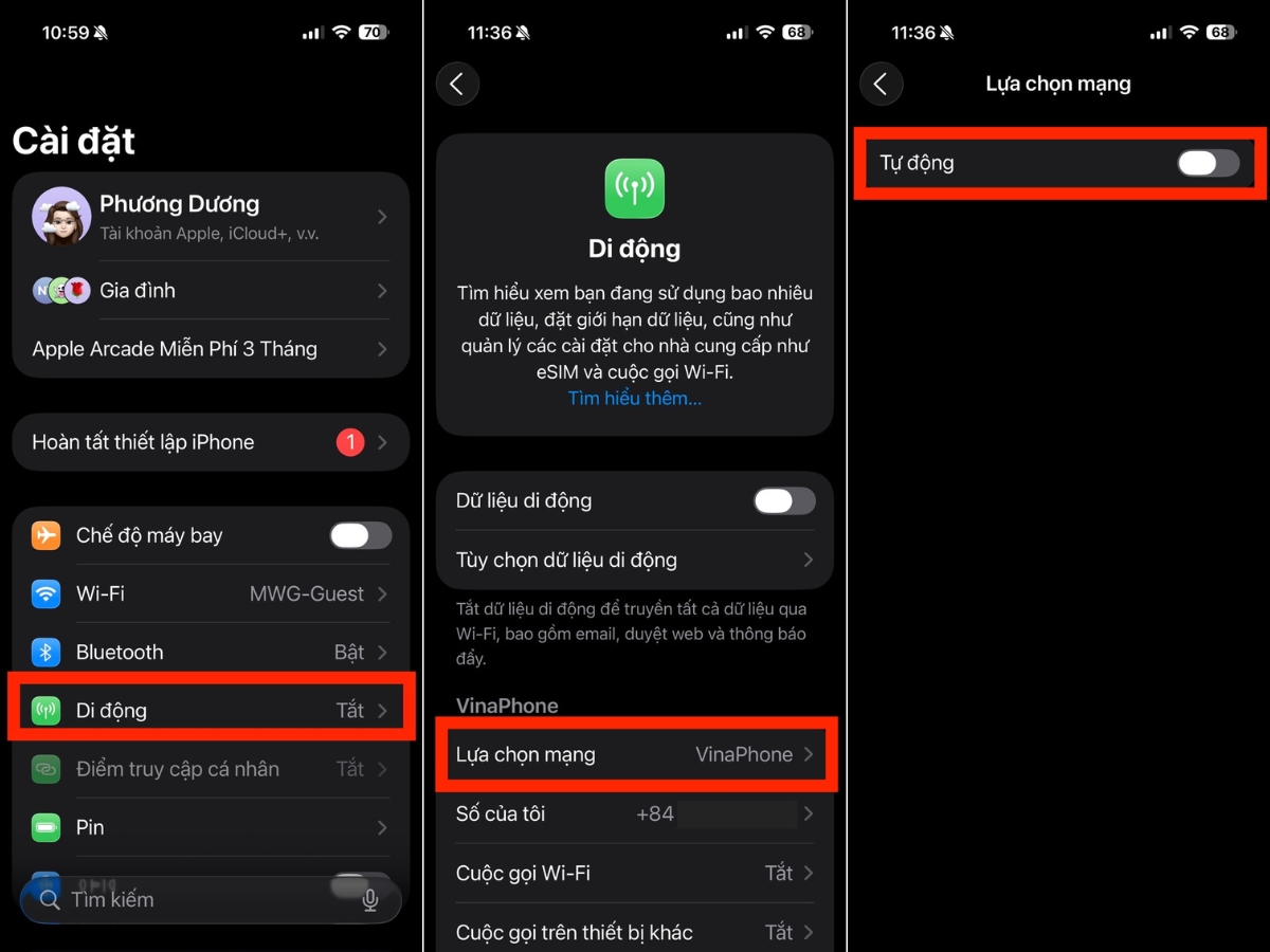 Di động > Lựa chọn mạng > Tắt Tự động Di động > Lựa chọn mạng > Tắt Tự động