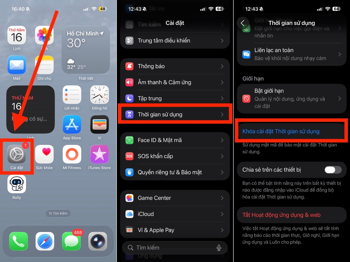 Chọn Khóa cài đặt Thời gian sử dụng Chọn Khóa cài đặt Thời gian sử dụng