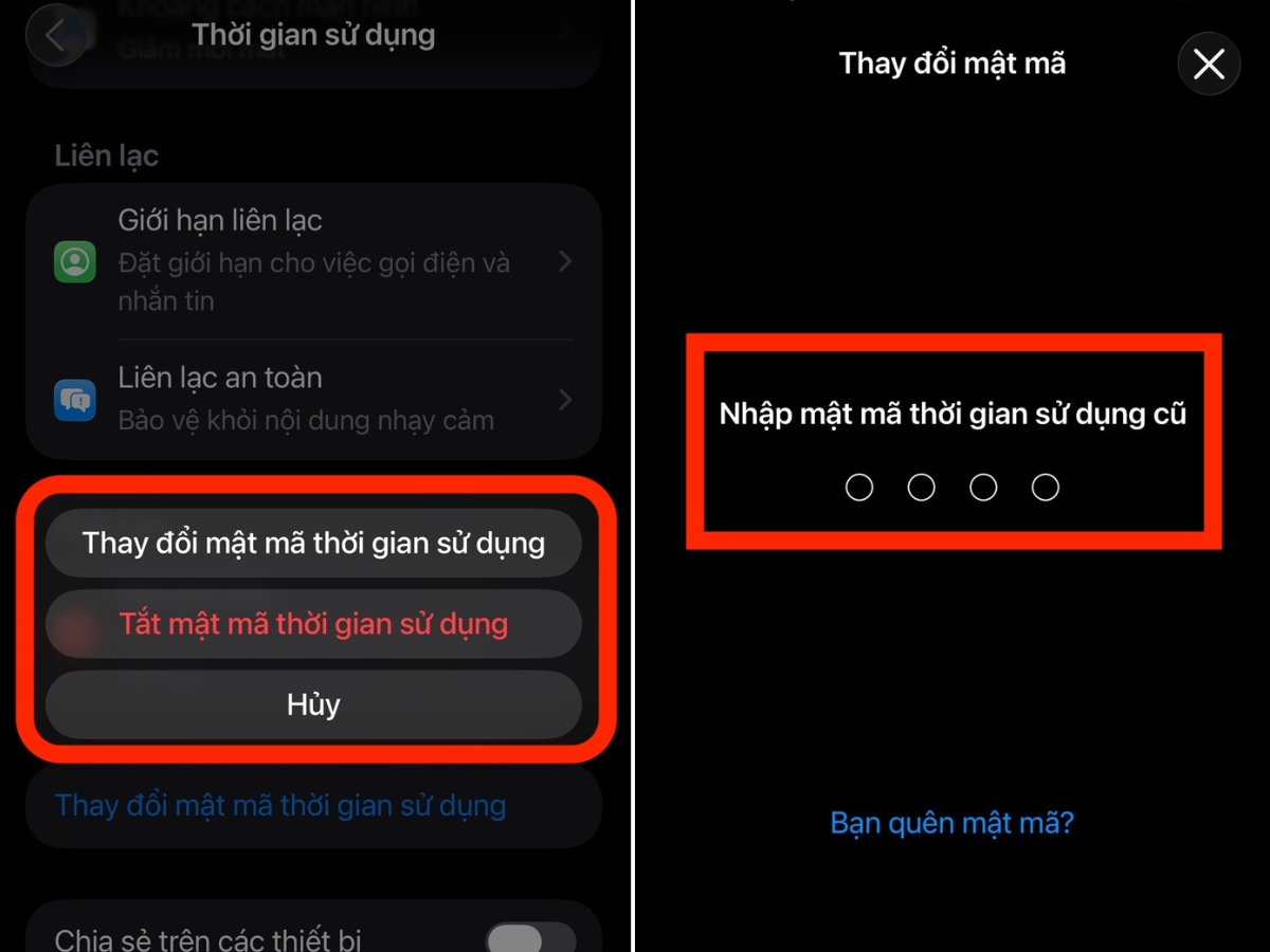 Chọn Thay đổi hoặc Tắt mật mã Thời gian sử dụng Chọn Thay đổi hoặc Tắt mật mã Thời gian sử dụng