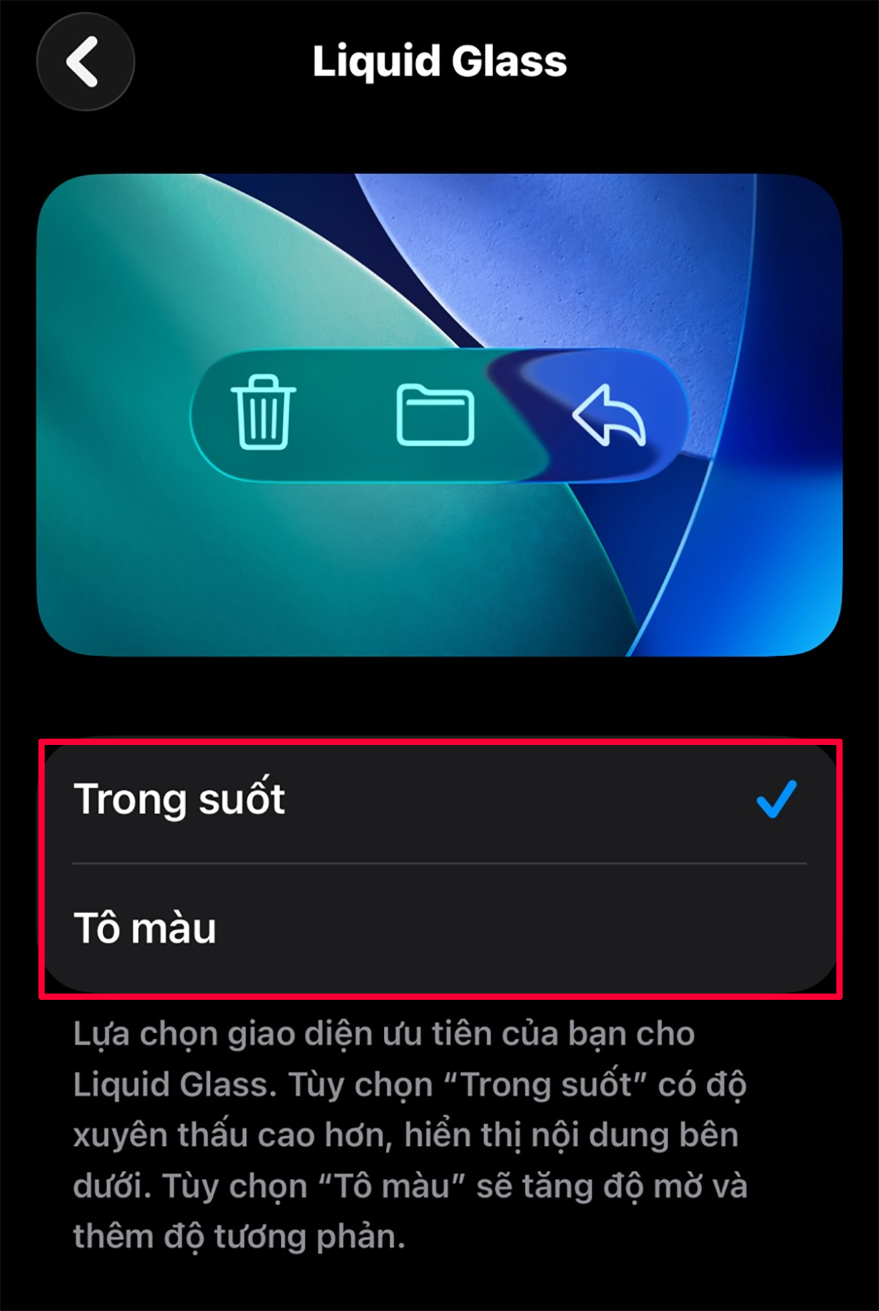 Cách chỉnh độ trong suốt Liquid Glass trên iOS 26
