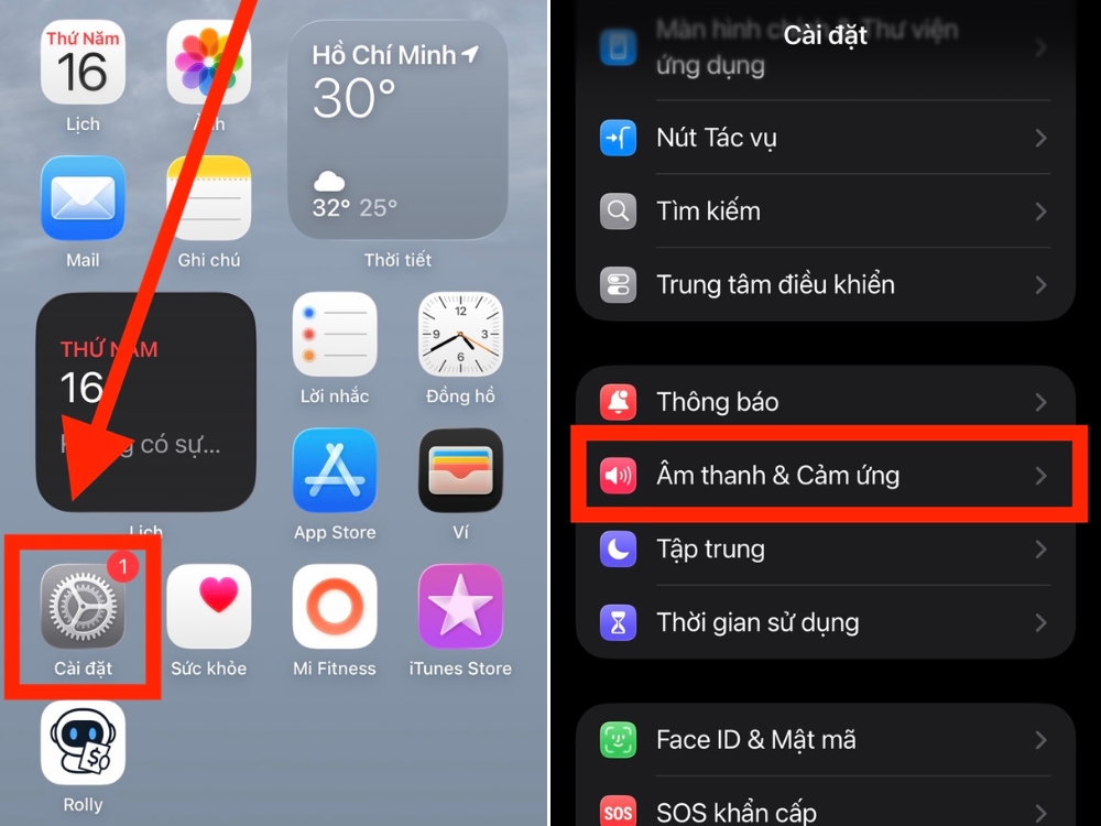 C&agrave;i đặt > &Acirc;m thanh & Cảm ứng