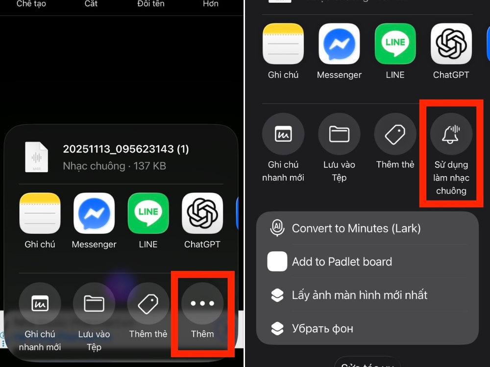 Chọn Th&ecirc;m > Chọn Sử dụng l&agrave;m nhạc chu&ocirc;ng