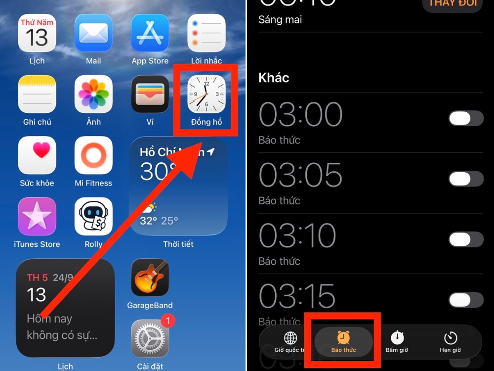 Mở ứng dụng Đồng hồ > Chọn tab B&aacute;o thức