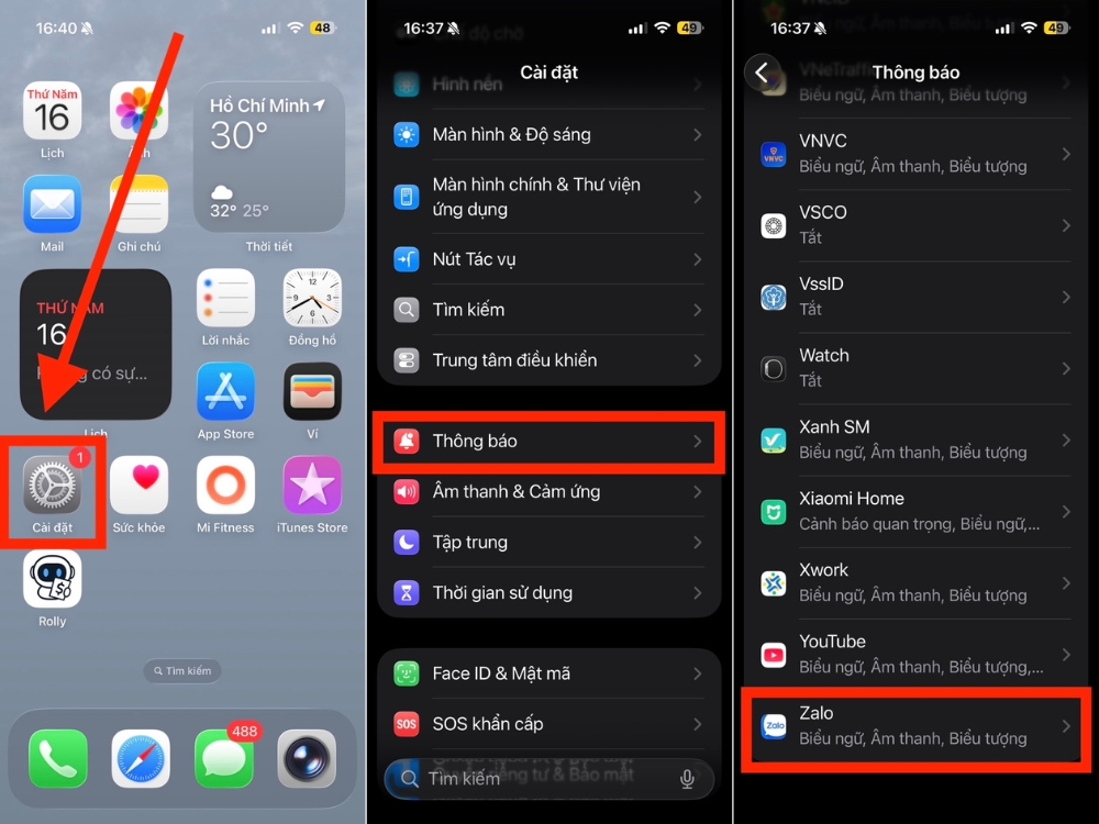 C&agrave;i đặt > Th&ocirc;ng b&aacute;o > Zalo