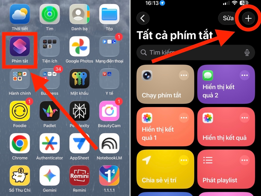 Nhấn dấu cộng (+) để tạo ph&iacute;m tắt mới