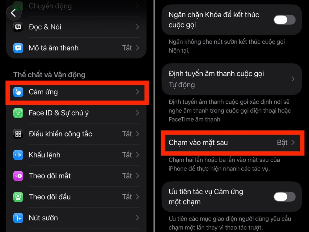 Chọn Cảm ứng > Chạm v&agrave;o mặt sau