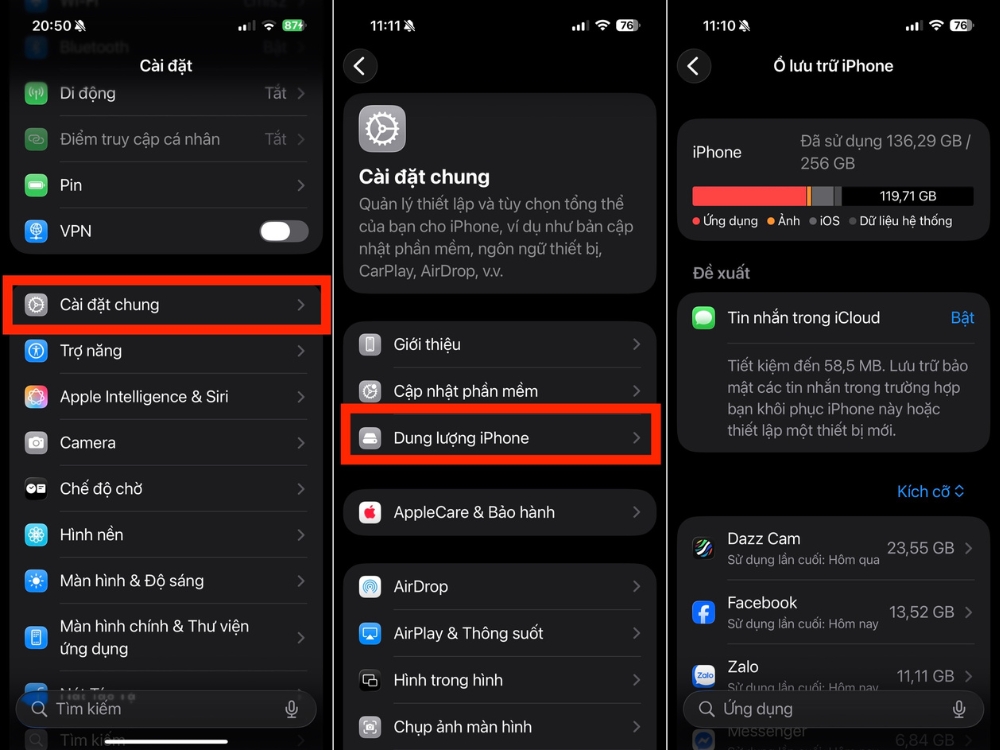 C&agrave;i đặt chung > Dung lượng iPhone