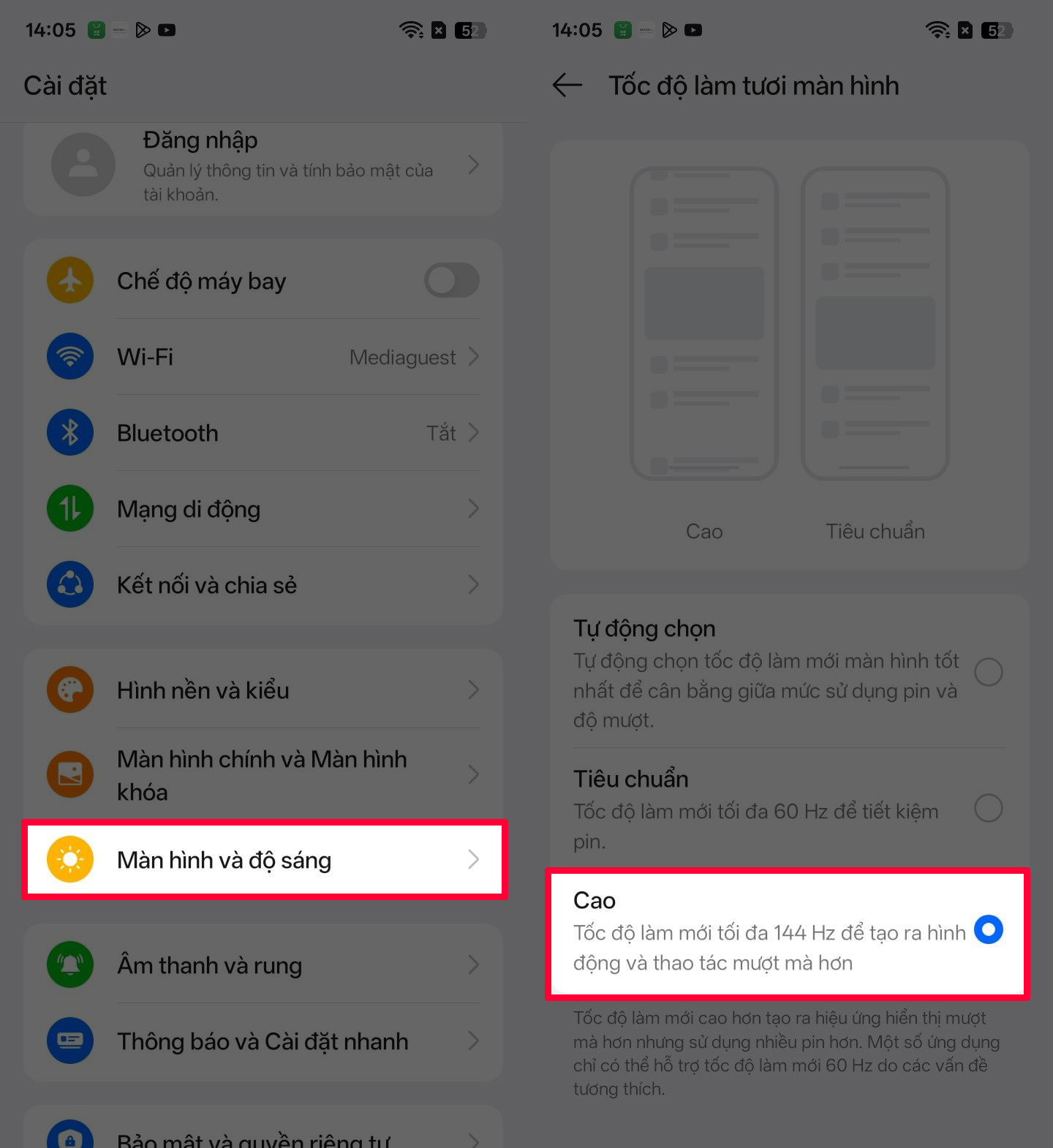 Cách bật màn hình 144 Hz trên realme C85