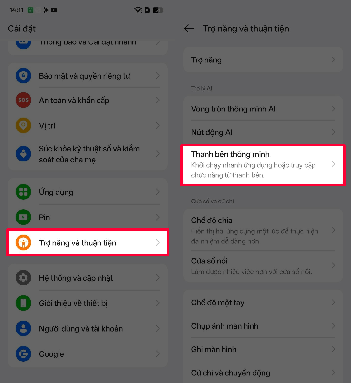 Cách bật thanh bên thông minh trên realme C85