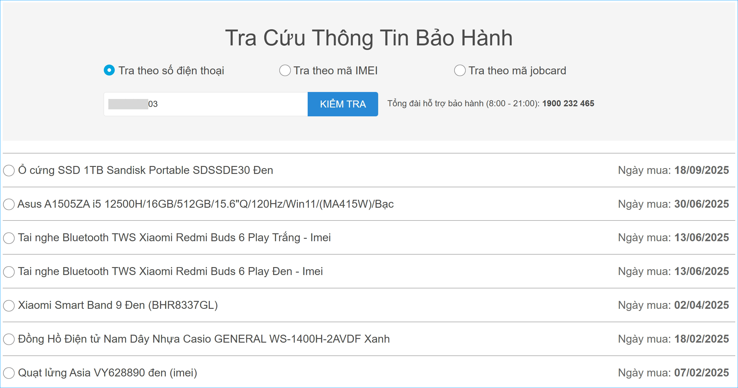 Kiểm tra bảo hành bằng số điện thoại: Danh sách sản phẩm mua tại Điện máy XANH