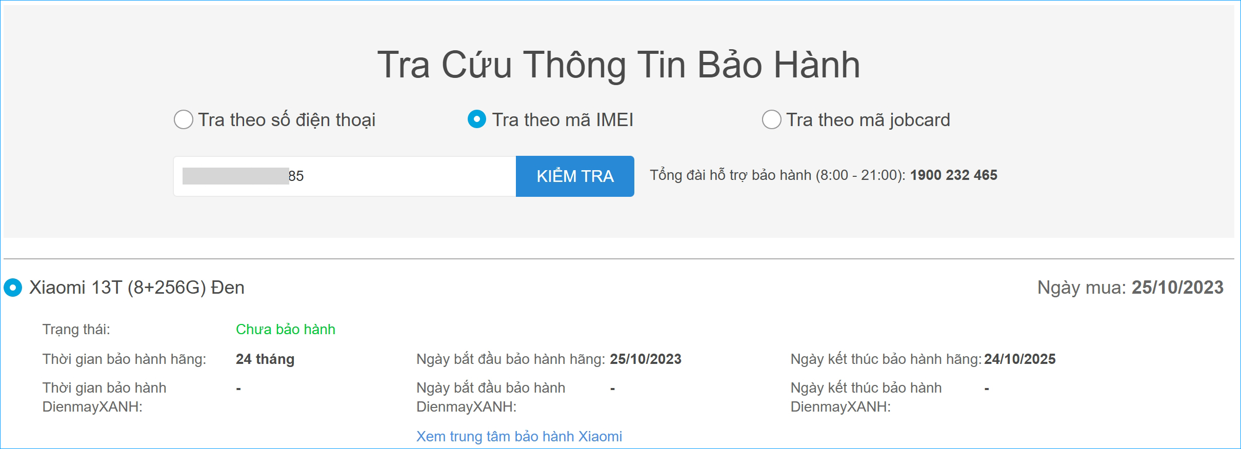 Kiểm tra bảo hành bằng mã IMEI: Chọn Tra theo mã IMEI >> Nhập mã IMEI >> Tra cứu thông tin bảo hành