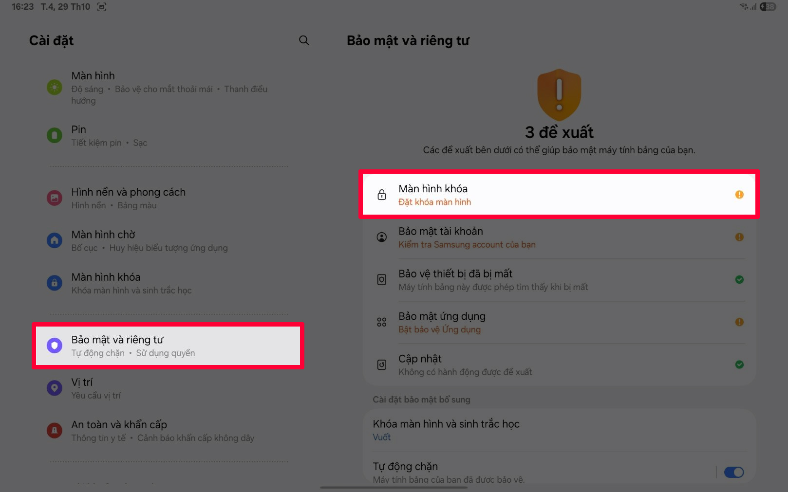 Cách cài mật khẩu màn hình trên Galaxy Tab S10 Lite