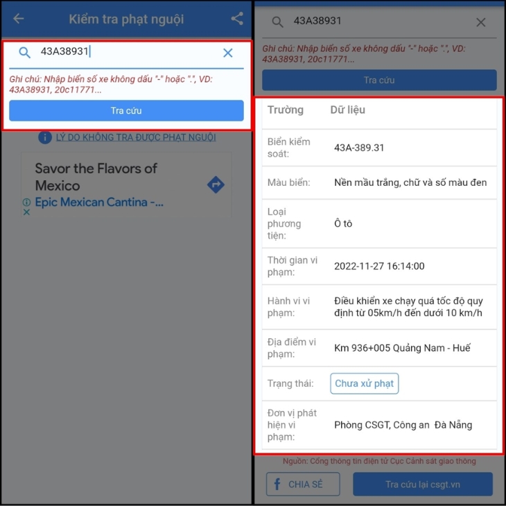 Kết quả kiểm tra phạt nguội trên Kgo