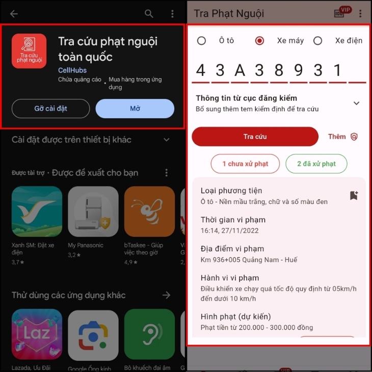 Kiểm tra phạt nguội trên ứng dụng Tra cứu phạt nguội toàn quốc