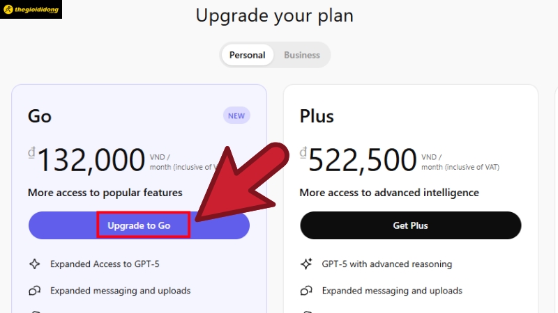 Chọn nâng cấp lên gói ChatGPT Go Chọn nâng cấp lên gói ChatGPT Go