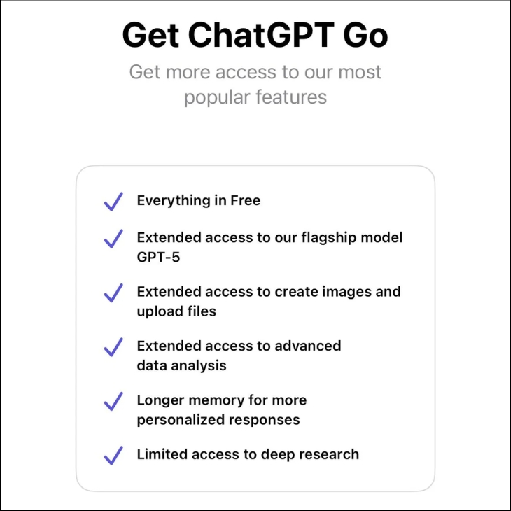 ChatGPT Go có hầu hết các tính năng cao cấp của ChatGPT Plus ChatGPT Go có hầu hết các tính năng cao cấp của ChatGPT Plus